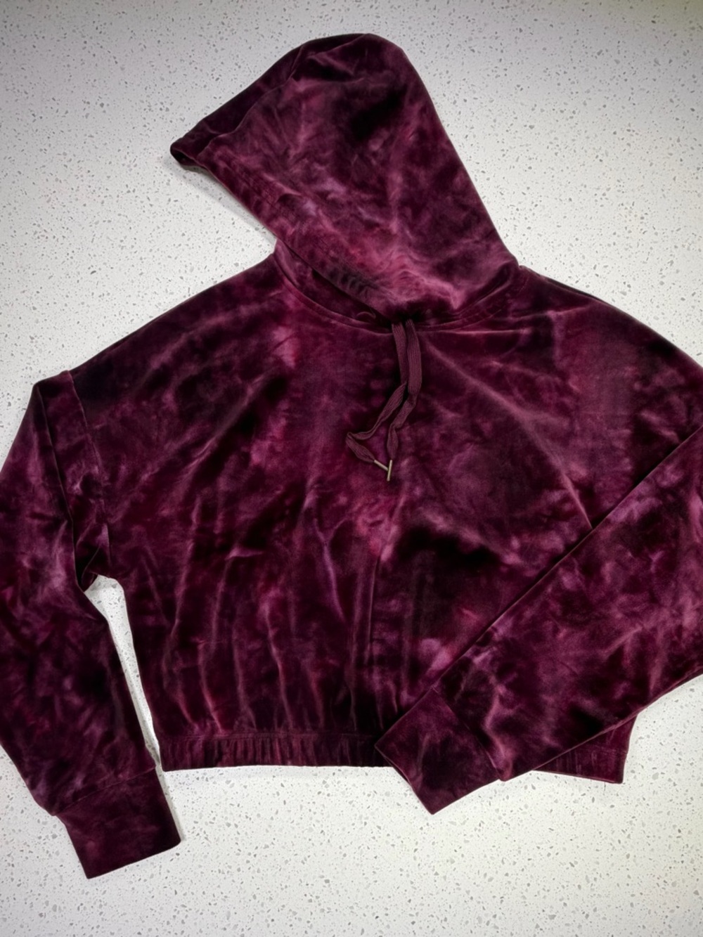 Harmony Balance Velour Cropped Hoodie Womens XL Burgundy Tie Dye Velvet Pullover